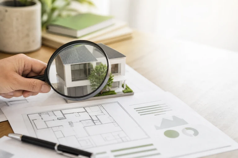 Lente di ingrandimento su un annuncio immobiliare per valutare se il prezzo della casa è trattabile.