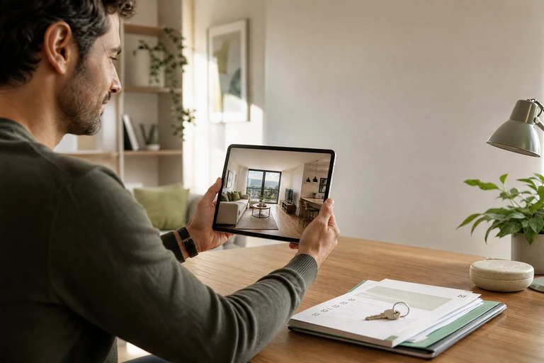 Acquirente che valuta un immobile tramite video visita durante l'acquisto di una casa a distanza