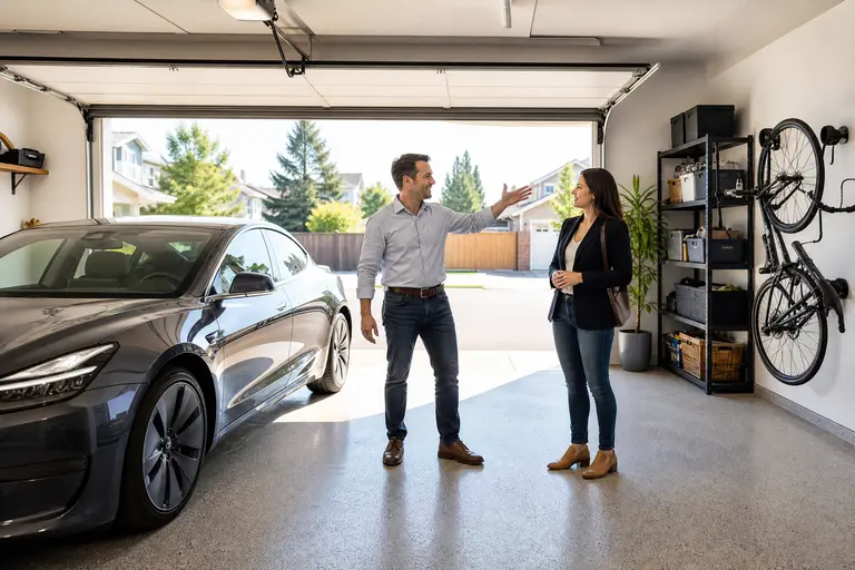 Proprietario che mostra a un potenziale acquirente un box auto