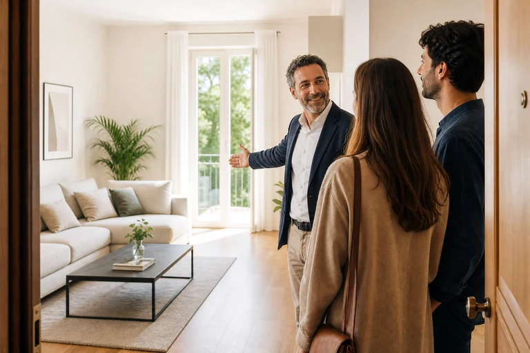 Venditore privato accoglie potenziali acquirenti in un soggiorno luminoso durante un open house