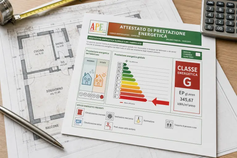 Attestato di prestazione energetica con classe G in evidenza su una planimetria