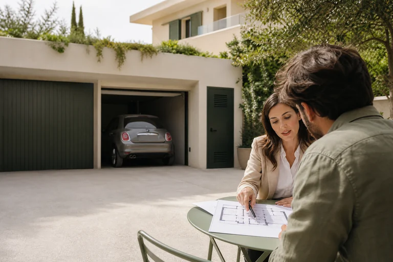 Acquirente esamina i documenti catastali di un box auto e di una cantina prima di comprare casa