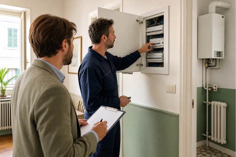 Tecnico e acquirente controllano quadro elettrico e caldaia in una casa con impianti vecchi
