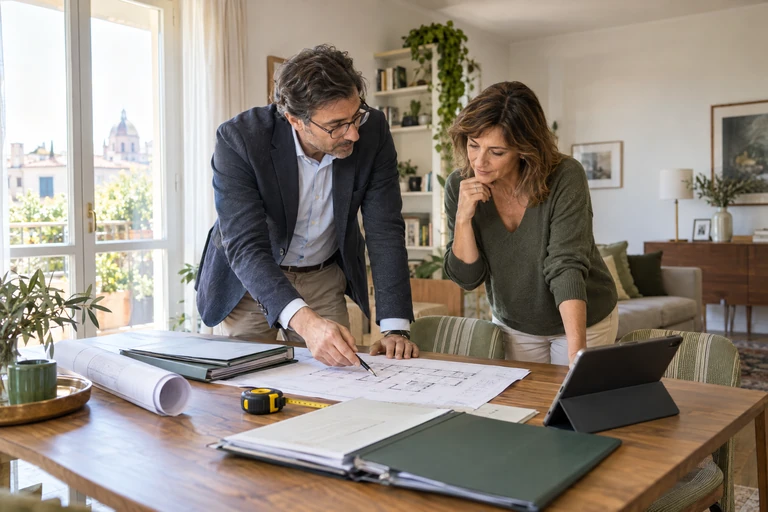 Geometra e proprietario controllano planimetrie prima di vendere casa