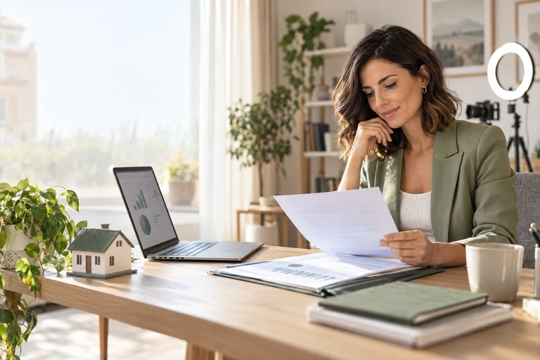 Content creator esamina documenti di reddito al laptop per richiedere un mutuo casa