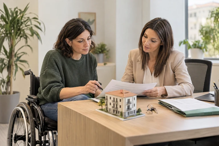 Acquirente in sedia a rotelle valuta il mutuo prima casa con una consulente