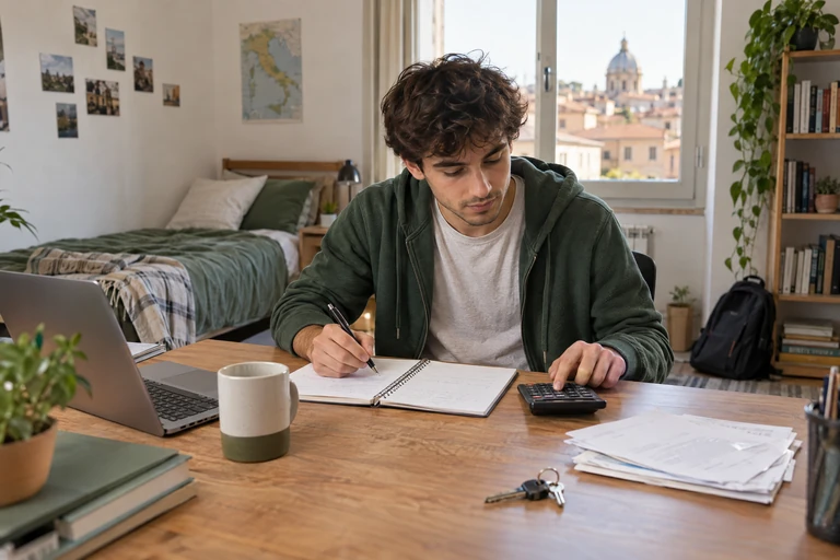 Studente fuori sede calcola il budget dell’affitto con bollette e calcolatrice