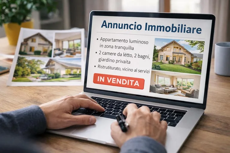 Una persona che scrive al computer un annuncio immobiliare, con immagini di una casa sullo sfondo