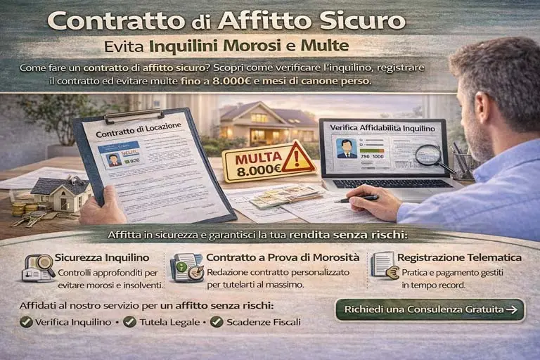 Contratto di affitto sicuro con documenti di verifica inquilino e registrazione telematica
